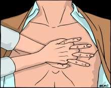 Mellkaskompresszió megkezdése: - a beteg mellkasa mellé térdelünk - egyik tenyerünk élét a beteg mellkasára (ez a szegycsont (sternum) alsó fele) helyezzük - a másik tenyerünk élét az alsó kézre