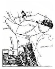 1. ábra: Markaz belterületéről készült vázlaton a fekete vonalakkal jelölt rész az 1924. évi házhelyosztás során kimért építési telkek területét ábrázolja. Az 1924.