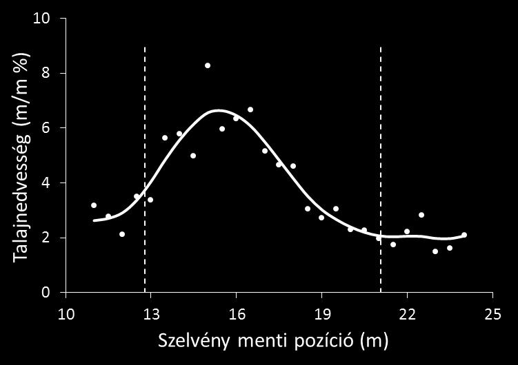 Fekete pontok: mért adatok; folytonos vonalak: a mért értékekre fektetett smooth spline-ok a tendenciák jobb láthatósága érdekében; szaggatott vonalak: a szelvény mentén detektált 2. és 3.
