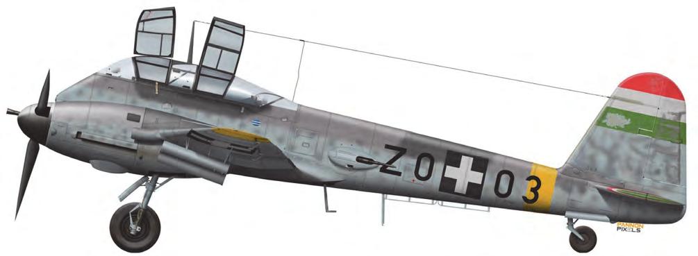 Tanulmányok 40. ábra. A csepeli Dunai Repülőgépgyárban licencben gyártott Messerschmitt Me 210Ca 1, utólag átalakított nehézvadászgép. Oldalszám Z003 (gyári szám 210.007.