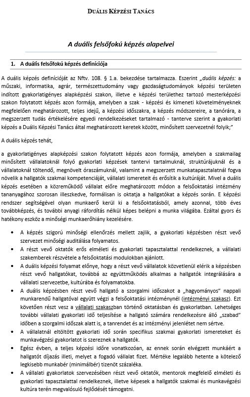 1. számú melléklet Duális felsőfokú képzés alapelvei