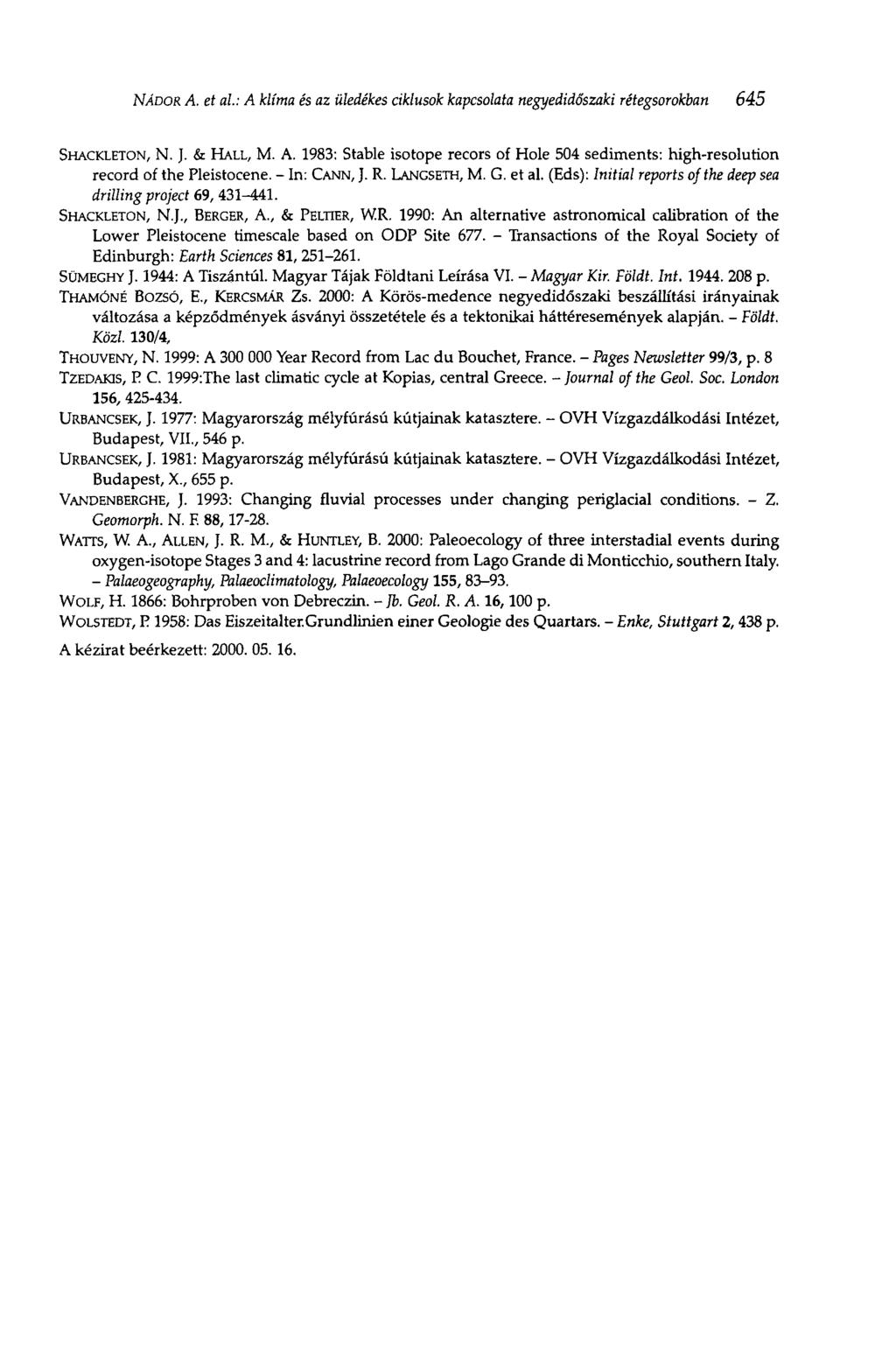 NÁDOR A. et al: A klíma és az üledékes ciklusok kapcsolata negyedidőszaki rétegsorokban 645 SHACKLETON, N. J. & HALL, M. A. 1983: Stable isotope recors of Hole 504 sediments: high-resolution record of the Pleistocene.