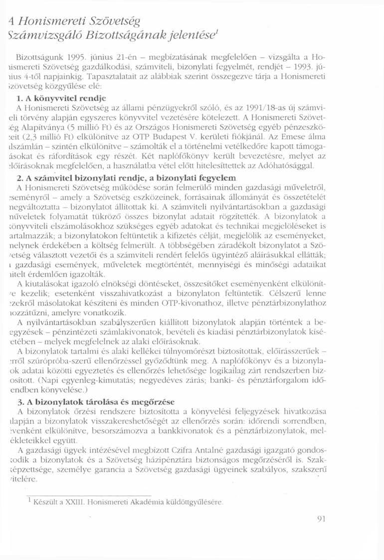 4 Honismereti Szövetség Számvizsgáló Bizottságának jelentése' Bizottságunk 1995.