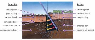 A Verti-Drain tömör tüskéket szúr a gyepbe és a talajba akár 400 mm-es (16 ) mélységig, átfúrva az esetlegesen meglévő víz-