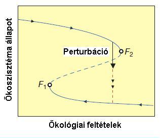 Ezek mértékétől függően egy korábbi közösség egy új alternatív stabilis állapotba kerülhet (lásd a stabilitás, reziliencia problémát, bal oldali ábra).