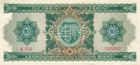 und Umschrift/ in the middle in a square-field, in an ovale frame the so called Kossuth coat-of-arms, to the right and left in each one guilloche rosette value and inscription 10 MAGYAR NEMZETI BANK