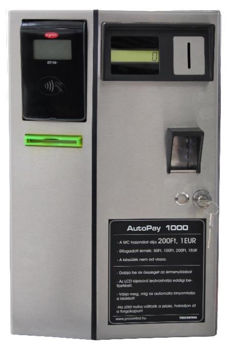 AutoPay 1000 érmés fizetőautomata Önálló, intelligens jegykiadó, parkolóóra, fizető automata, WC beléptető, rendezvény beléptető eszköz nyomtatóval.