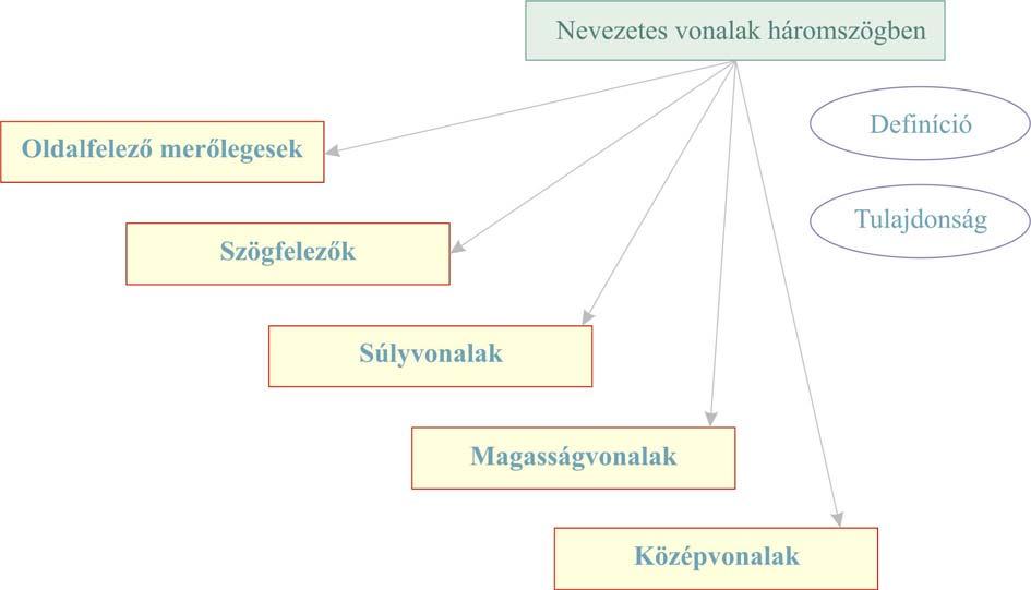 7. modul: HÁROMSZÖGEK 5 III. A háromszög nevezetes vonalai, körei A következő ábra áttekinti, hogy a háromszög milyen nevezetes vonalaival foglalkozunk.