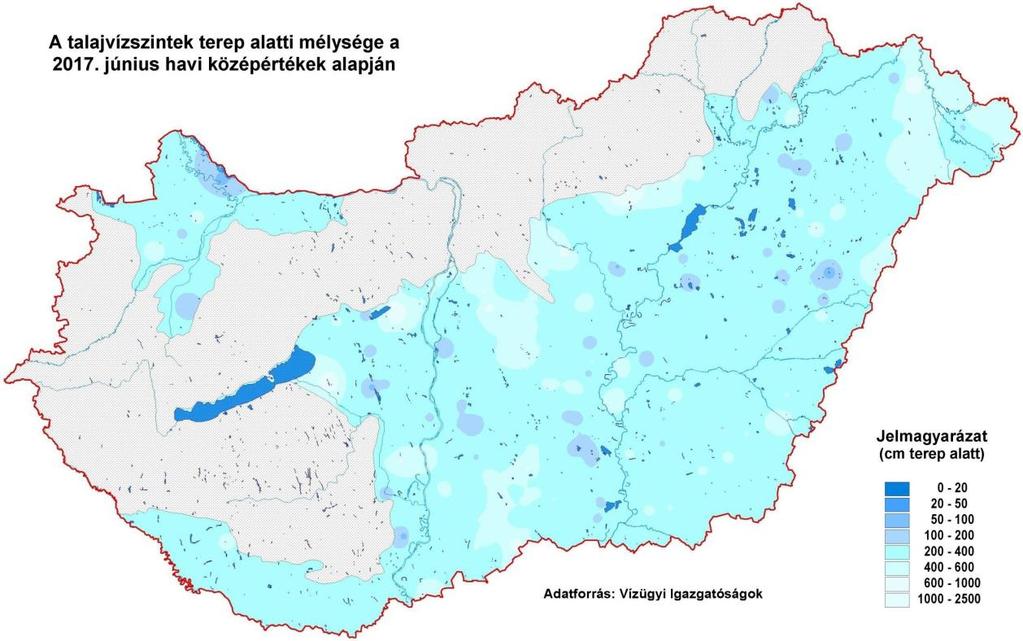 Havi átlagos talajvízállás a talajfelszíntől mérve Június hónapban a tájékoztatóban bemutatásra kerülő állomások mindegyikénél hiány mutatkozott a többéves átlagok tekintetében.