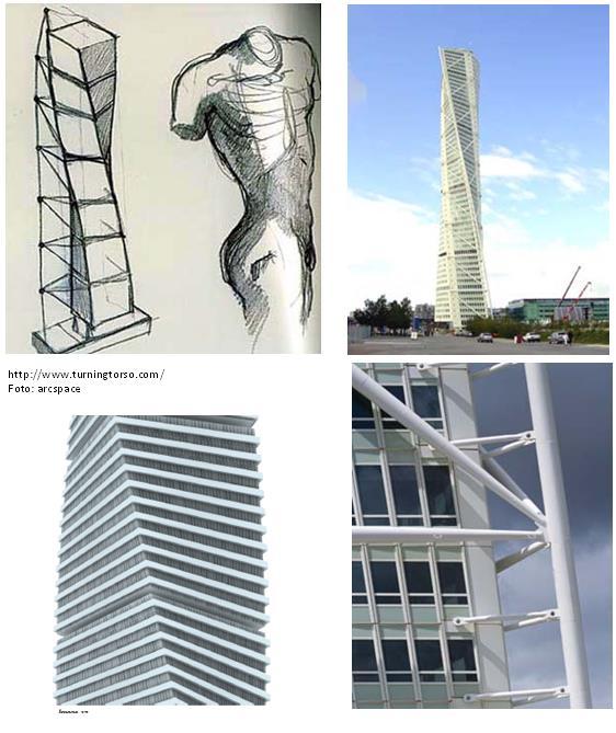 Santiago Calatrava egyik legismertebb épülete a Turning Torso Tower in Malmo, Sweden. A vázlatok illusztrálják miképpen lett az elforduló emberi alak adta inspirációból épület.