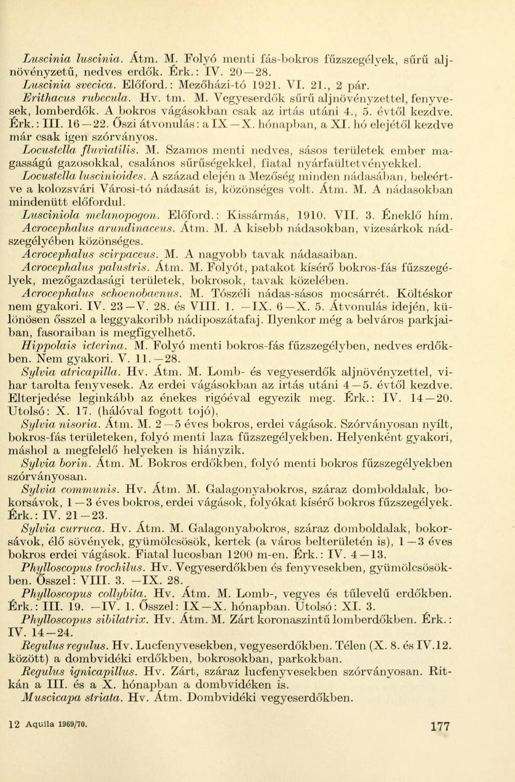 Luscinia luscinia. Átm. M. Folyó menti fás-bokros fűzszegélyek, sűrű aljnövényzetű, nedves erdők. Érk.: IV. 20 28. Luscinia svccica. Előford.: Mezőházi-tó 1921. VI. 21., 2 pár. Erithacus rubccula. Hv.