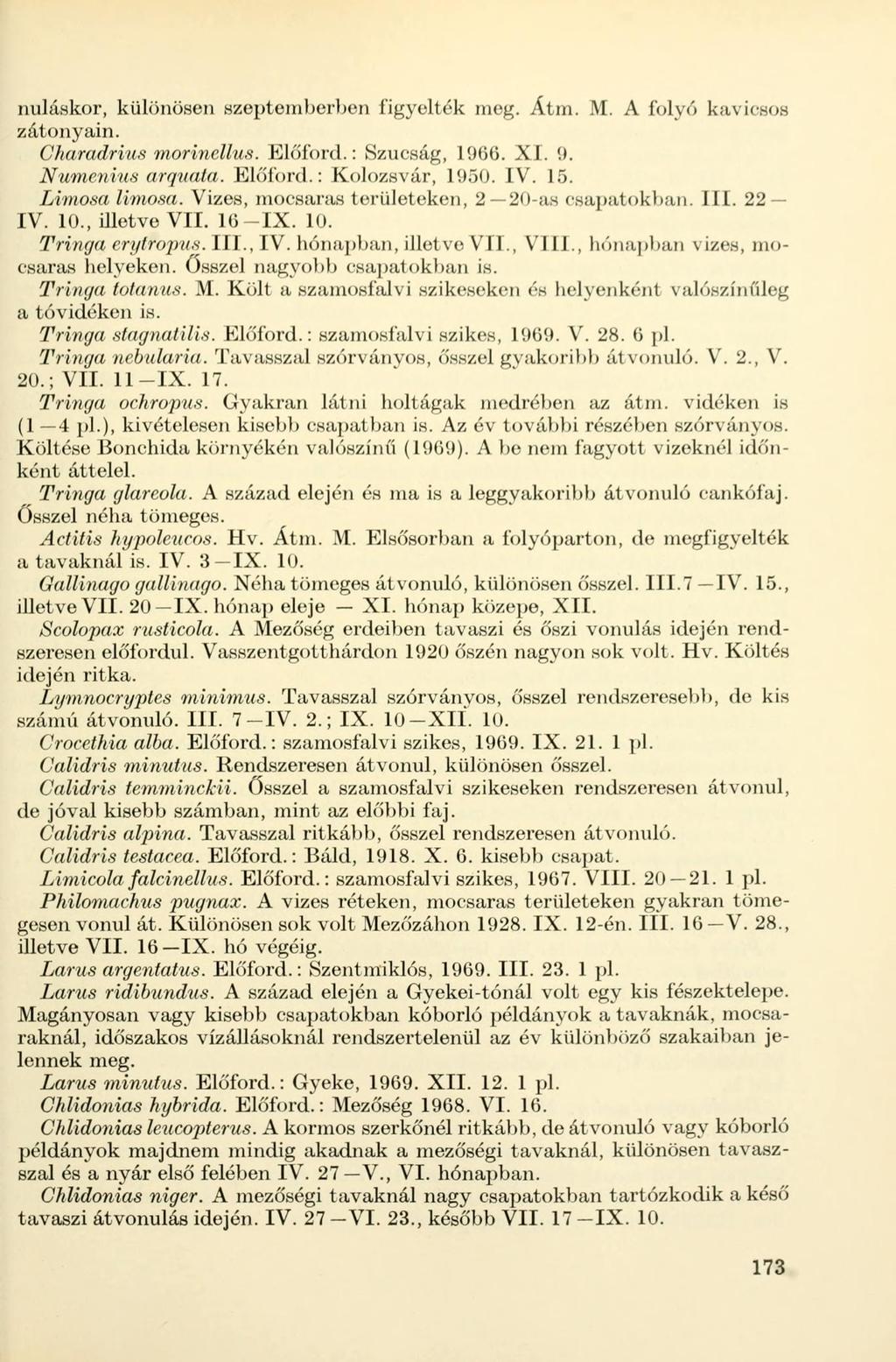 nuláskor, különösen szeptemberben figyelték meg. Átm. M. A folyó kavicsos zátonyain. Charadrius morincllus. Előford.: Szucság, 1966. XI. 9. Numenius arquata. Előtörd.: Kolozsvár, 1950. IV. 15.