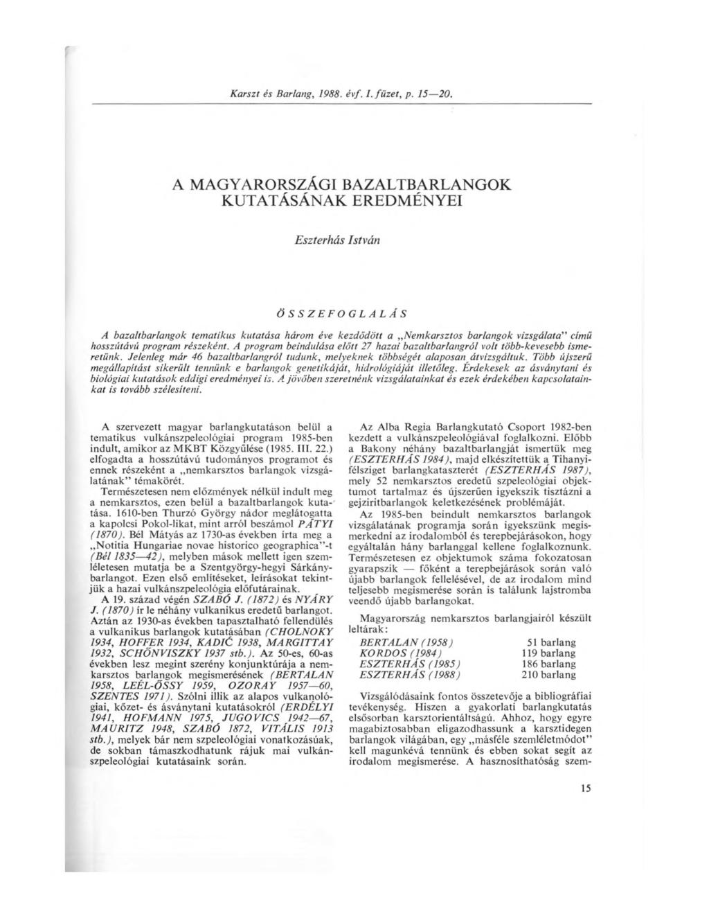 Karszt és Barlang, 1988. évf. I. füzet, p. 15 20.