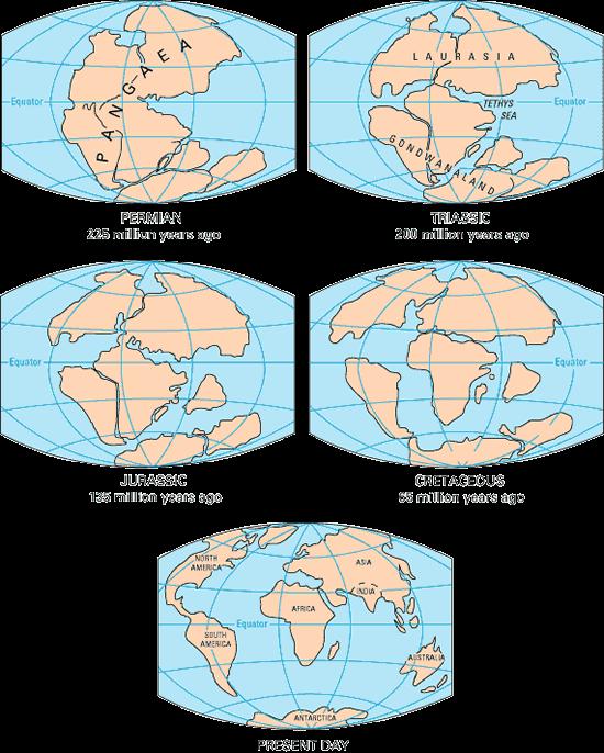 Wegener elképzelése szerint a kontinensek egykor összefüggő szárazulatot alkottak (Pangea), amely később összetöredezett és darabjai, a mai