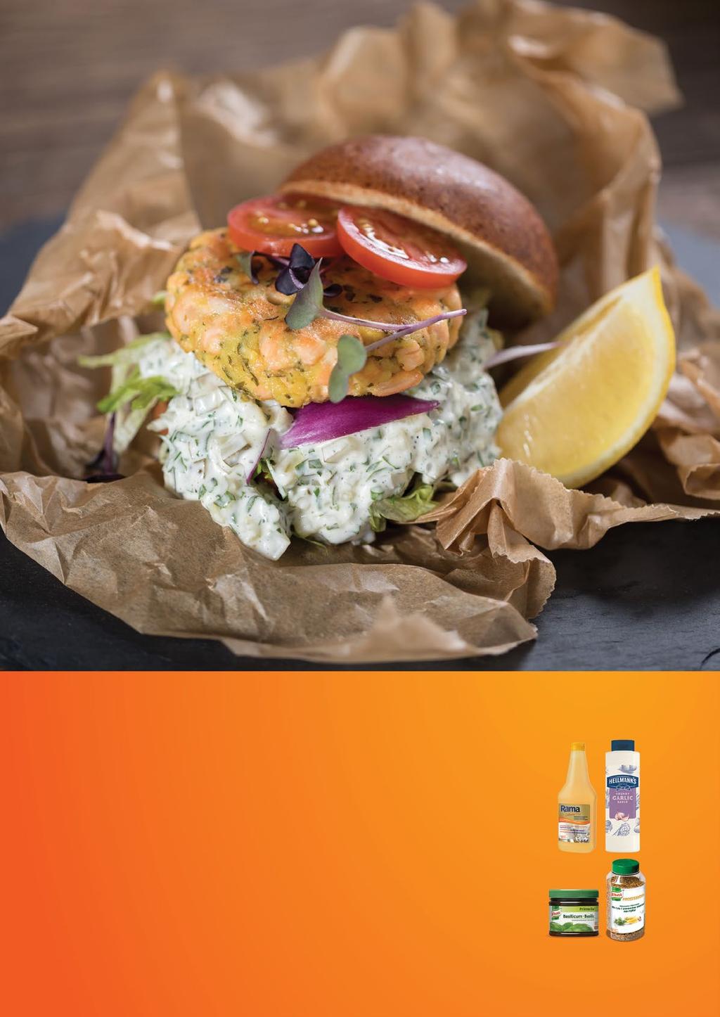Citrusos lazacburger 1400 g lazacfilé 10 db zsemle 100 g ecetes uborka, egész 50 g újhagyma 200 g paradicsom 50 g lila hagyma 200 g jégsaláta 200 g citrom 30 g petrezselyemzöld 10 g KNORR Primerba