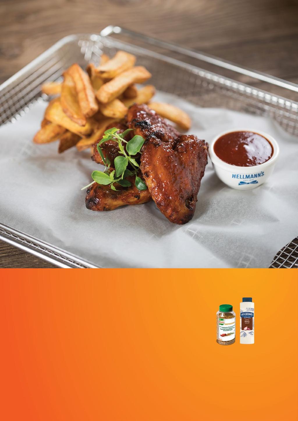 Mázas csirkeszárnyak barbecue-mártással 2500 g csirkeszárny 100 g méz 100 g KNORR Prémium pác és fűszerkeverék Szárnyas húsokhoz 0,3 l HELLMANN'S Barbecue szósz 792 ml A szárnyak sütése, tálalás Az