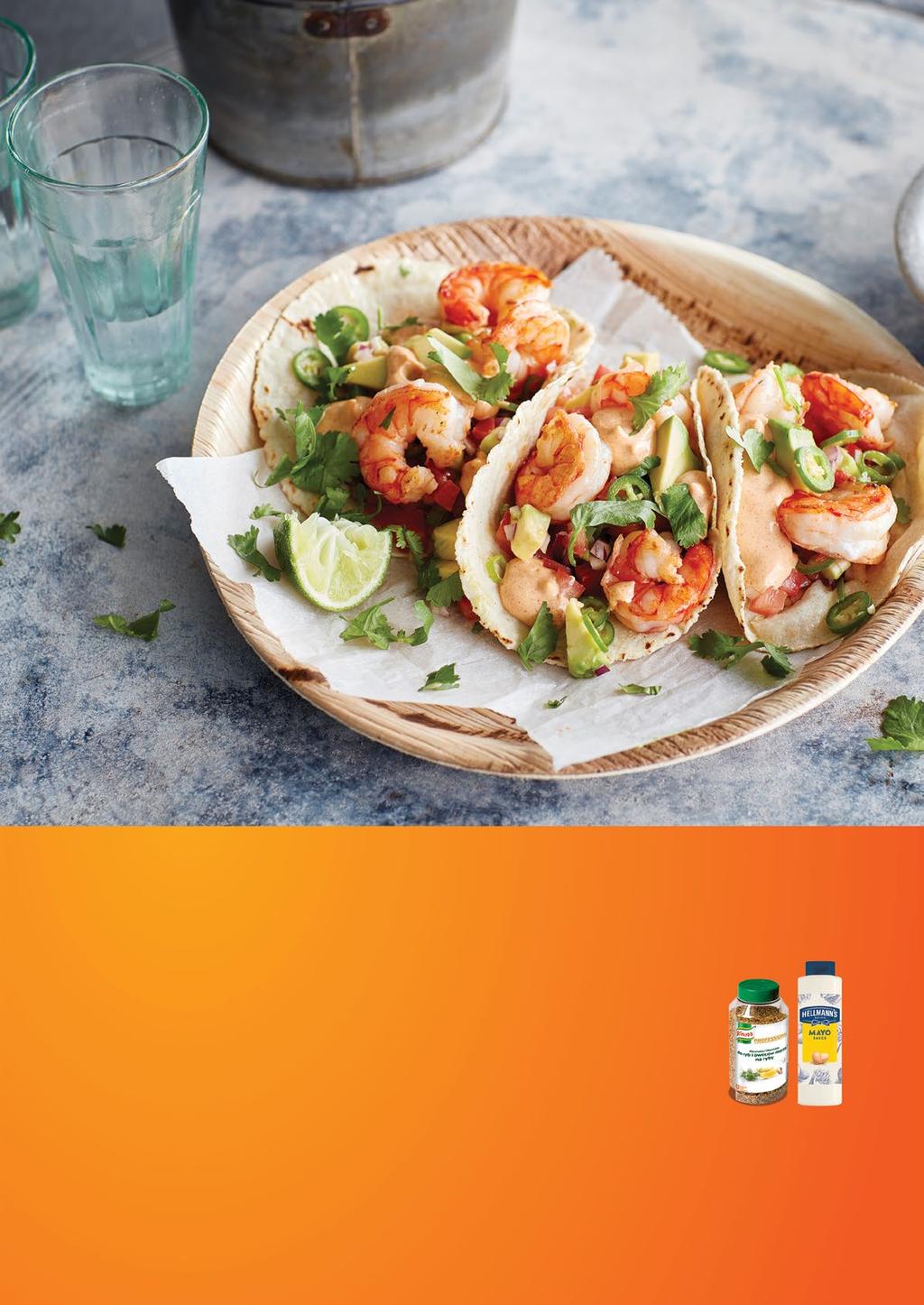 Garnélás taco 600 g garnéla rák 2dbavokádó 200 g paradicsom 200 g lila hagyma 10 g chilipaprika, friss 10 g koriander, friss 200 g lime 10dbtortillas 30 g KNORR Prémium pác és fűszerkeverék Halakhoz