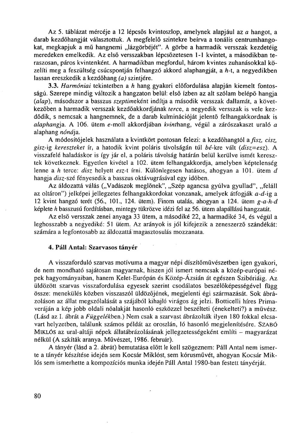 Az 5. táblázat mércéje a 12 lépcsős kvintoszlop, amelynek alapjául az a hangot, a darab kezdőhangját választottuk.