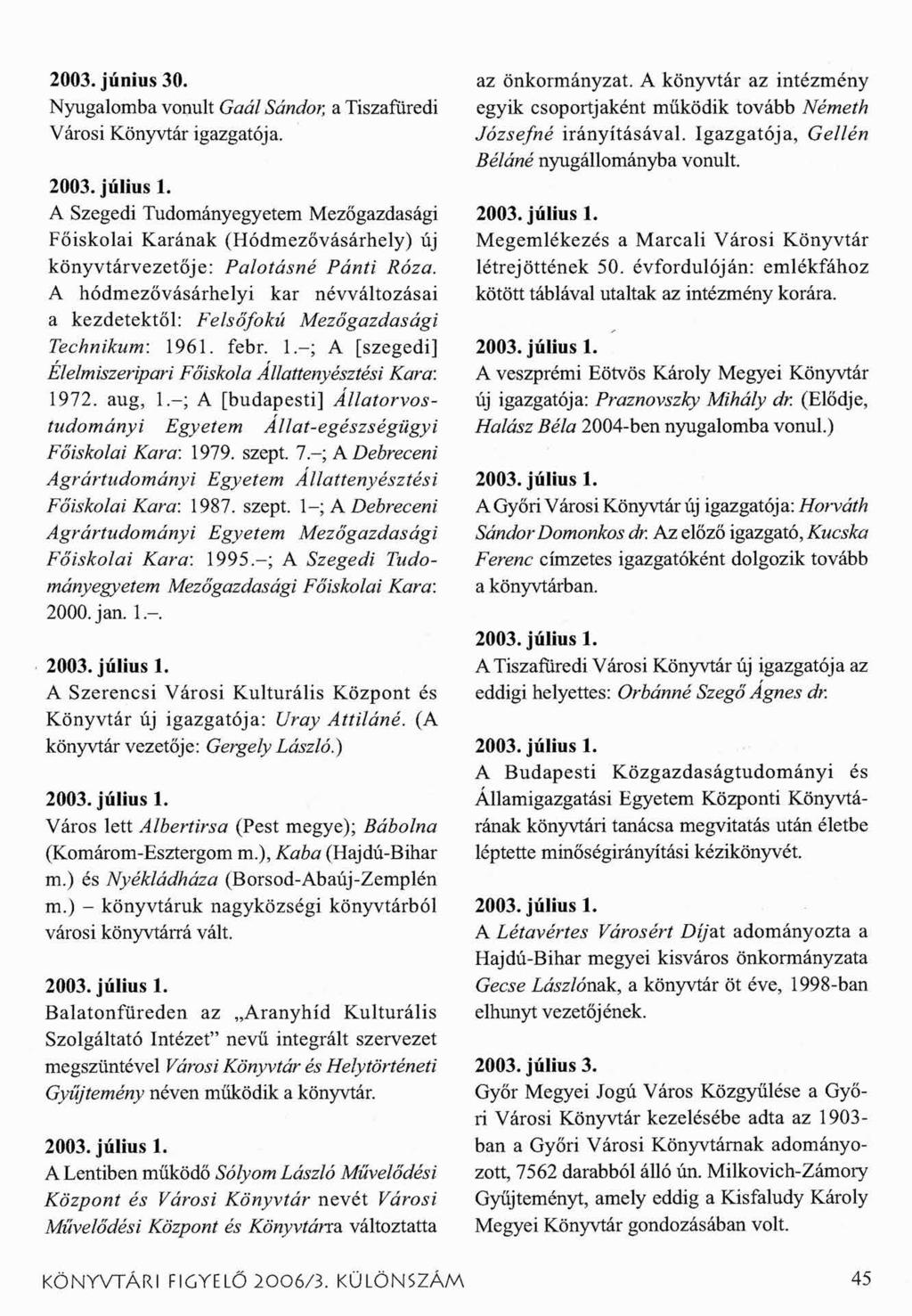2003. június 30. Nyugalomba vonult Gaál Sándor, a Tiszafüredi Városi Könyvtár igazgatója. 2003. július 1.