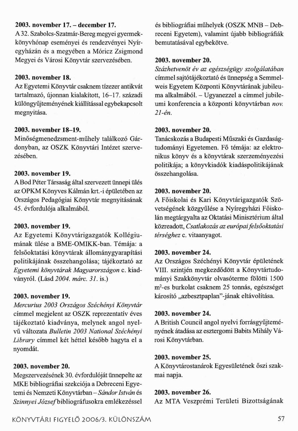 2003. november 17. - december 17. A 32. Szabolcs-Szatmár-Bereg megyei gyermekkönyvhónap eseményei és rendezvényei Nyíregyházán és a megyében a Móricz Zsigmond Megyei és Városi Könyvtár szervezésében.