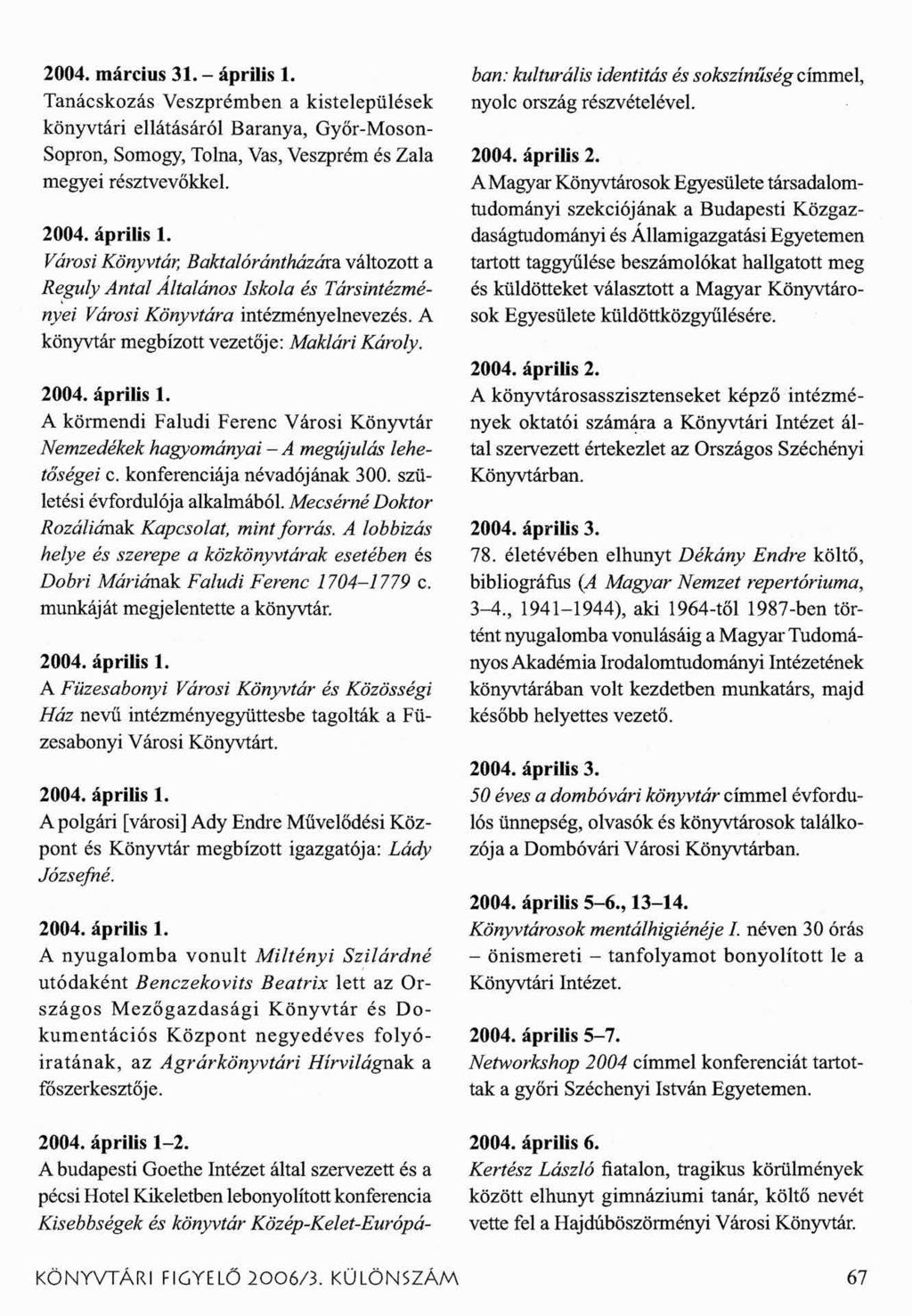 2004. március 31. - április 1. Tanácskozás Veszprémben a kistelepülések könyvtári ellátásáról Baranya, Győr-Moson- Sopron, Somogy, Tolna, Vas, Veszprém és Zala megyei résztvevőkkel. 2004. április 1. Városi Könyvtár, Baktalórántházára, változott a Reguly Antal Általános Iskola és Társintézményei Városi Könyvtára intézmény elnevezés.