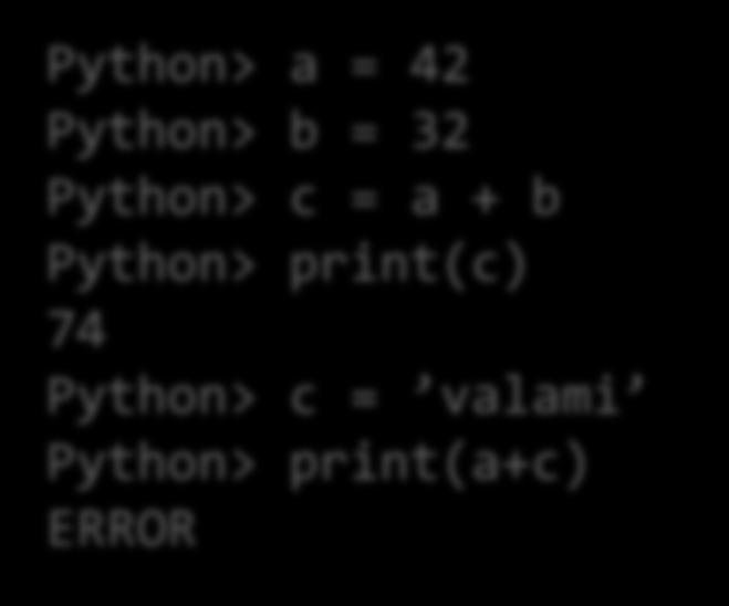 Változók Python> a = 42 Python> b = 32 Python> c = a + b Python> print(c) 74