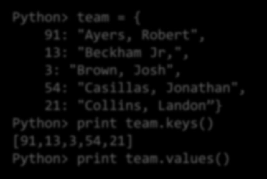Szótár Python> team = { 91: "Ayers, Robert", 13: "Beckham Jr,", 3: "Brown, Josh", 54: "Casillas, Jonathan", 21: