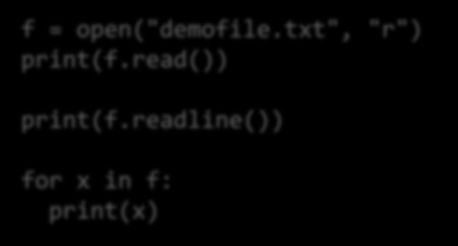 File műveletek f = open("demofile.txt", "r") print(f.read()) print(f.