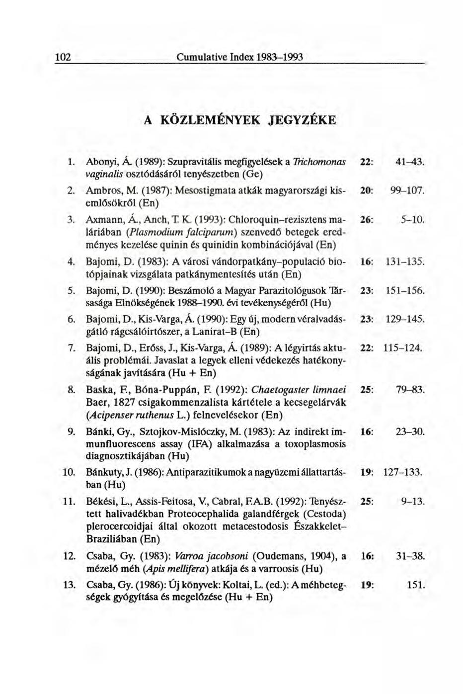 A KÖZLEMÉNYEK JEGYZÉKE 1. Abonyi, Á (1989): Szupravitális megfigyelések a Trichomonas 22: 41-43. vaginalis osztódásáról tenyészetben (Ge) 2. Ambros, M.