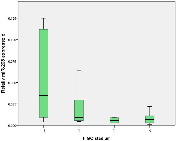 5. ábra: Relatív mir-155 és mir-196a expresszió medián értéke eltérő klinikai (FIGO 0-3) stádiumú cervix daganatokban. 6.
