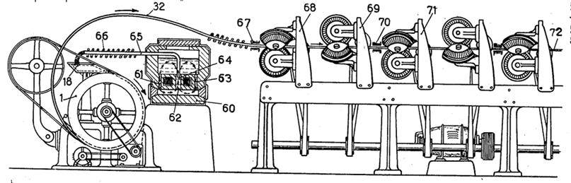 3. ábra Properzi technológiai sor sematikus ábrájának részlete [2] Az előállított pászma az öntőkeréken történő kristályosodással kezdődik, amely során a hőelvonás nem egyenletes a tér minden
