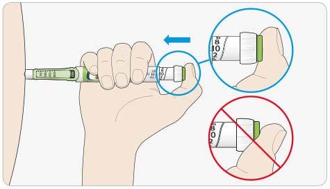 Ne ferdén nyomja a hüvelykujja meggátolhatja az adagbeállító elfordulását. D Tartsa az adagológombot benyomva, és amikor az adagkijelző ablakban meglátja a 0 -t, lassan számoljon el 5-ig.