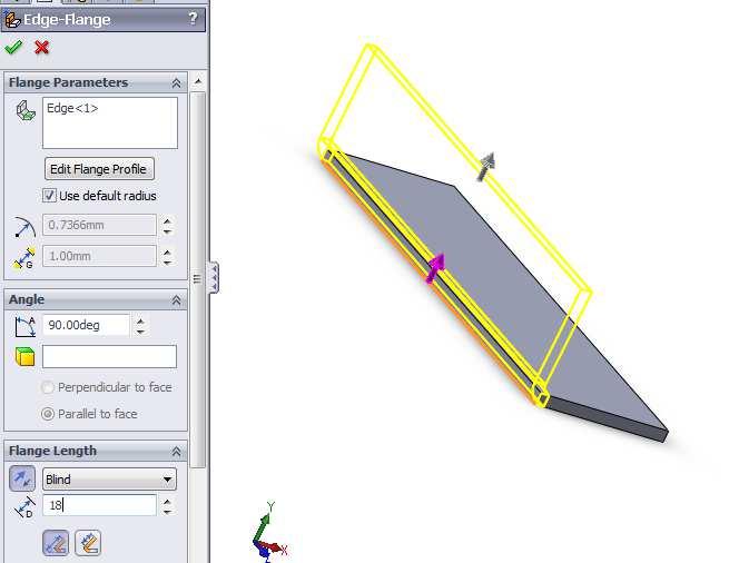 A lemeztábla hosszabbik élénél él hajlítást készítünk az Edge Flange paranccsal (3. ábra).