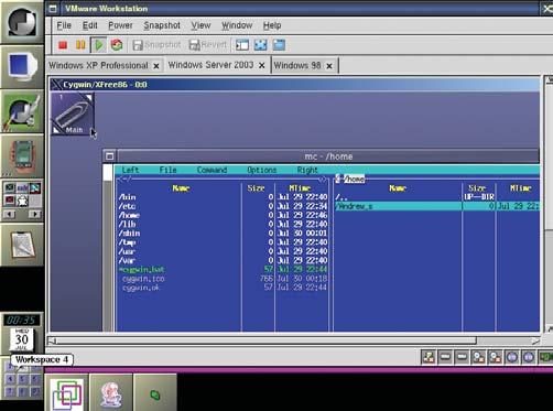 98 VMware tesztelésre: a Linuxot emuláló Cygwinen fut a WindowMaker a VMware-be telepített Windows 2003 rendszeren mos emulátor már a dobozos disztribúciókba is bekerült.
