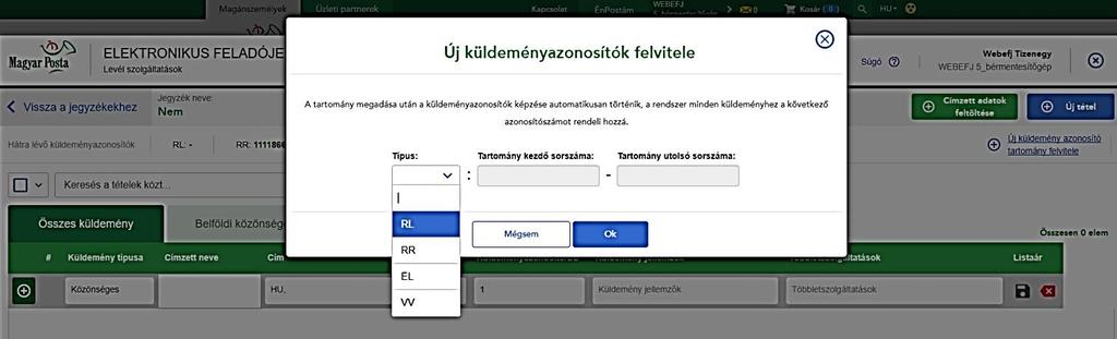 6.3. Küldeményazonosító tartományok megadása Jegyzék szerkesztésének megkezdésekor lehetőségünk van megadni a küldeményazonosítók típusonkénti tartományát, a képernyő jobb felső részén látható Új