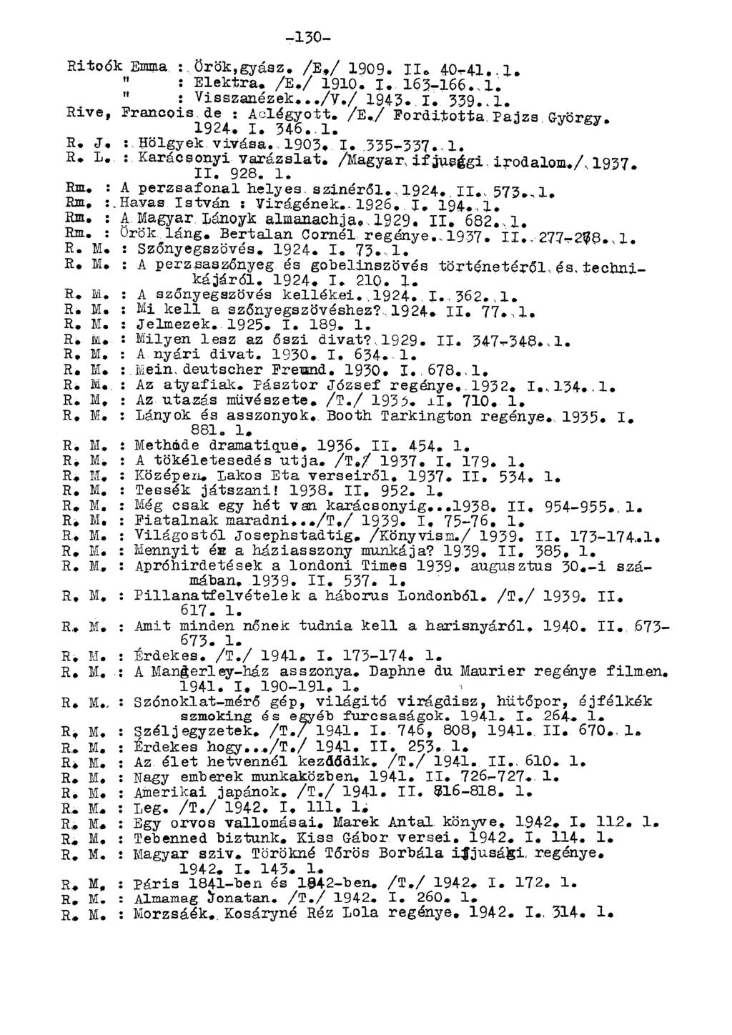 Ritoók Emma, :. Örök,gyász. /E,/ 1909. II. 40-41..1. " : Elektra. /E./ 1910. I, 163-166.. 1. Rive, " : Visszanézek.,./v./ 1943.,I. 339..1. Francois, de : Aclégyott. /E./ Forditotta, Pajzs Györgv.