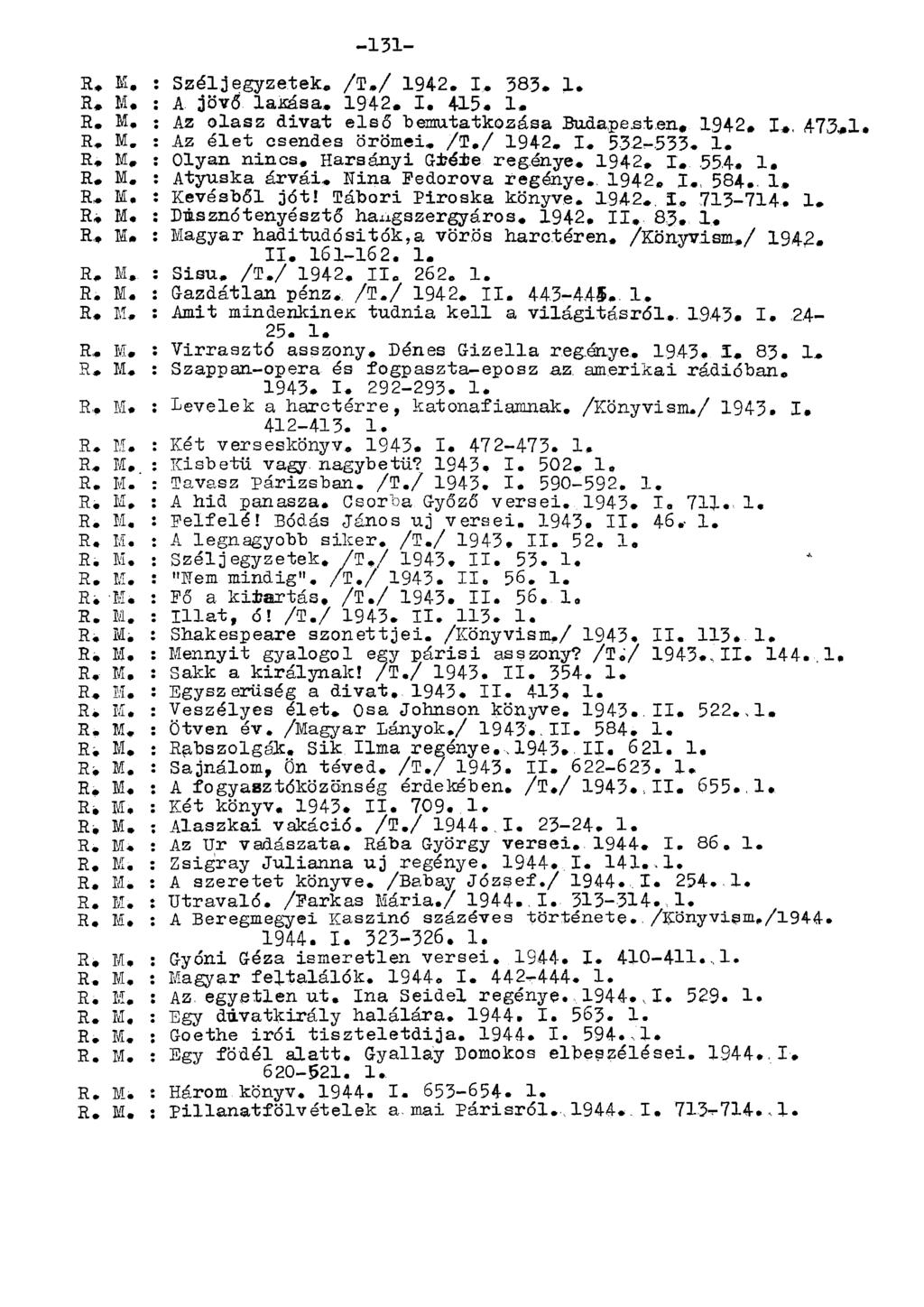R. M. : Széljegyzetek. /T./ 1942. I. 383. 1. R. M. : A jövő lakása. 1942. I. 415. 1. R. M, : Az olasz divat első bemutatkozása Budapesten, 1942, I,, 473,1. R. M, : Az élet csendes örömei. /T,/ 1942.