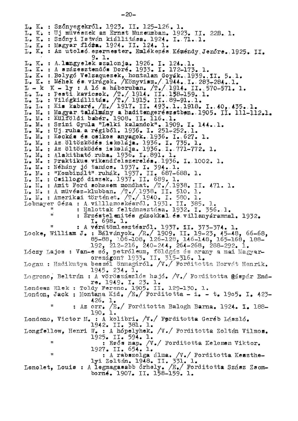 L. K, : Szőnyegekről. 1923. II. 125-126, 1. L. Ki : Uj művészek az Ernst Múzeumban, 1923. II. 228.. 1. L, K. : Szőnyi István kiállítása..1924. I.-71..1. L. K. : Magyar flói?a. 1924. II. 124. 1. L, K, : Az utolsó.
