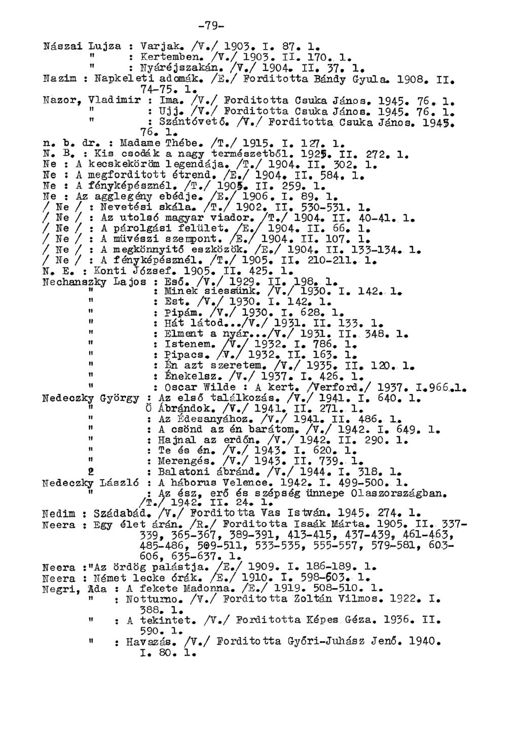 Nászai Lujza : Varjak. /V./ 1903. I. 87. 1. " : Kertemben. /V./ 1903. II. 170. 1. " : Nyáréjszakán. /V./ 1904. II. 37. 1. Nazim : Napkeleti adomák. /E,/ Forditotta Bándy Gyula. 1908. II. 74-75. 1. Nazor, Vladimir : Ima.