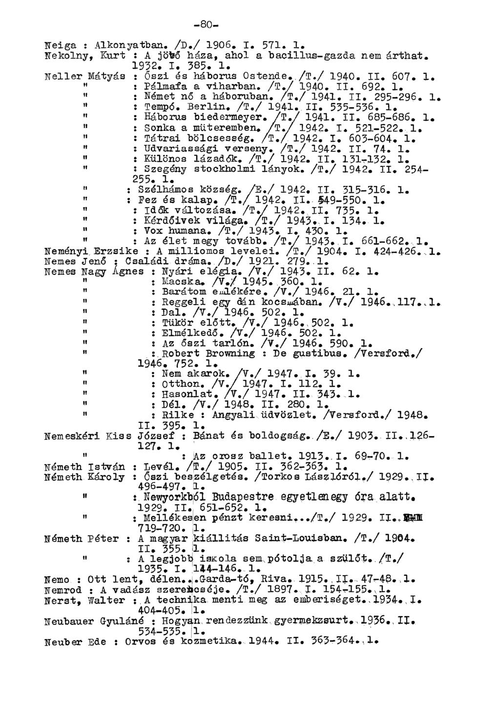 Neiga : Alkonyatban. /D./ 1906. I, 571. 1. Nekolny, Kurt : A jöbő háza, ahol a bacillus-gazda nem árthat. 1932. I. 385. 1. Neller Mátyás : Őszi és háborús Ostende../T./ 1940. II. 607. 1. " : Pálmafa a viharban.
