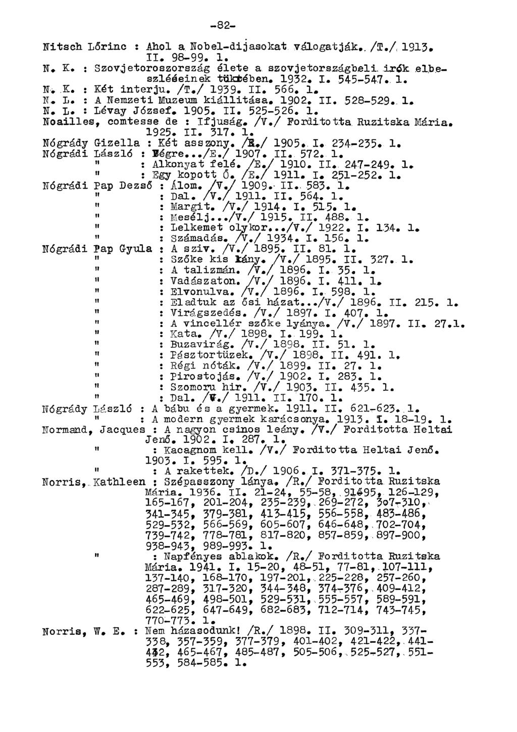 Nitsch Lőrinc : Ahol a Nobel-dijasokat válogatják. /T./ 1913. II. 98-99. 1. N. K. : Szovjetoroszország élete a szovjetországbeli, irók elbeszléáeinek tüktében. 1932. I. 54-5-547. 1. N. K. : Két interjú.