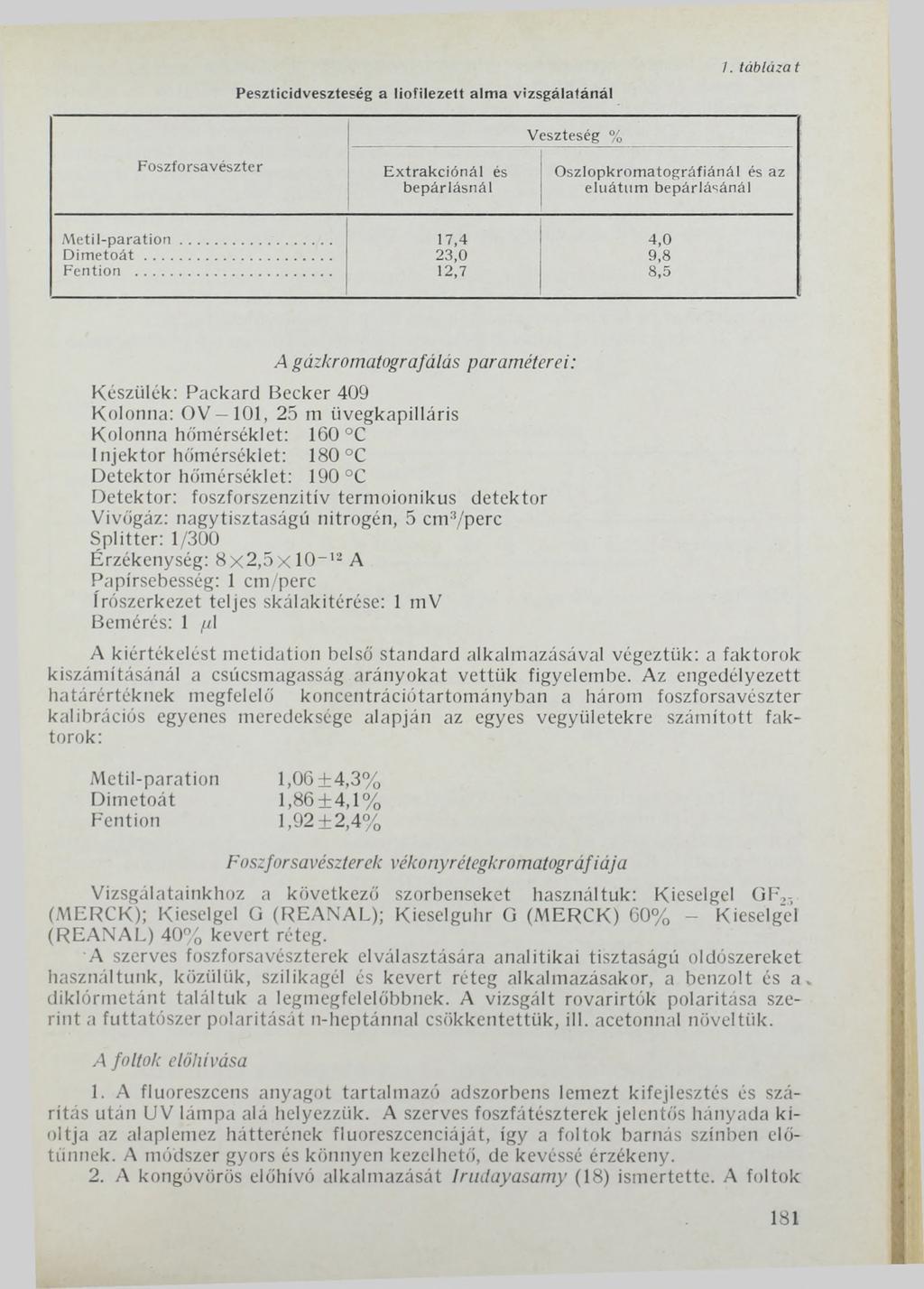 Peszticidveszteség a liofilezett alma vizsgálatánál 7. táblázd t Foszforsavészter E xtra kció n á l és bepárlásnál Veszteség % O szlopkrom atográfiánál és az eluátum bepárlásánál M e til-p a ra tio n.