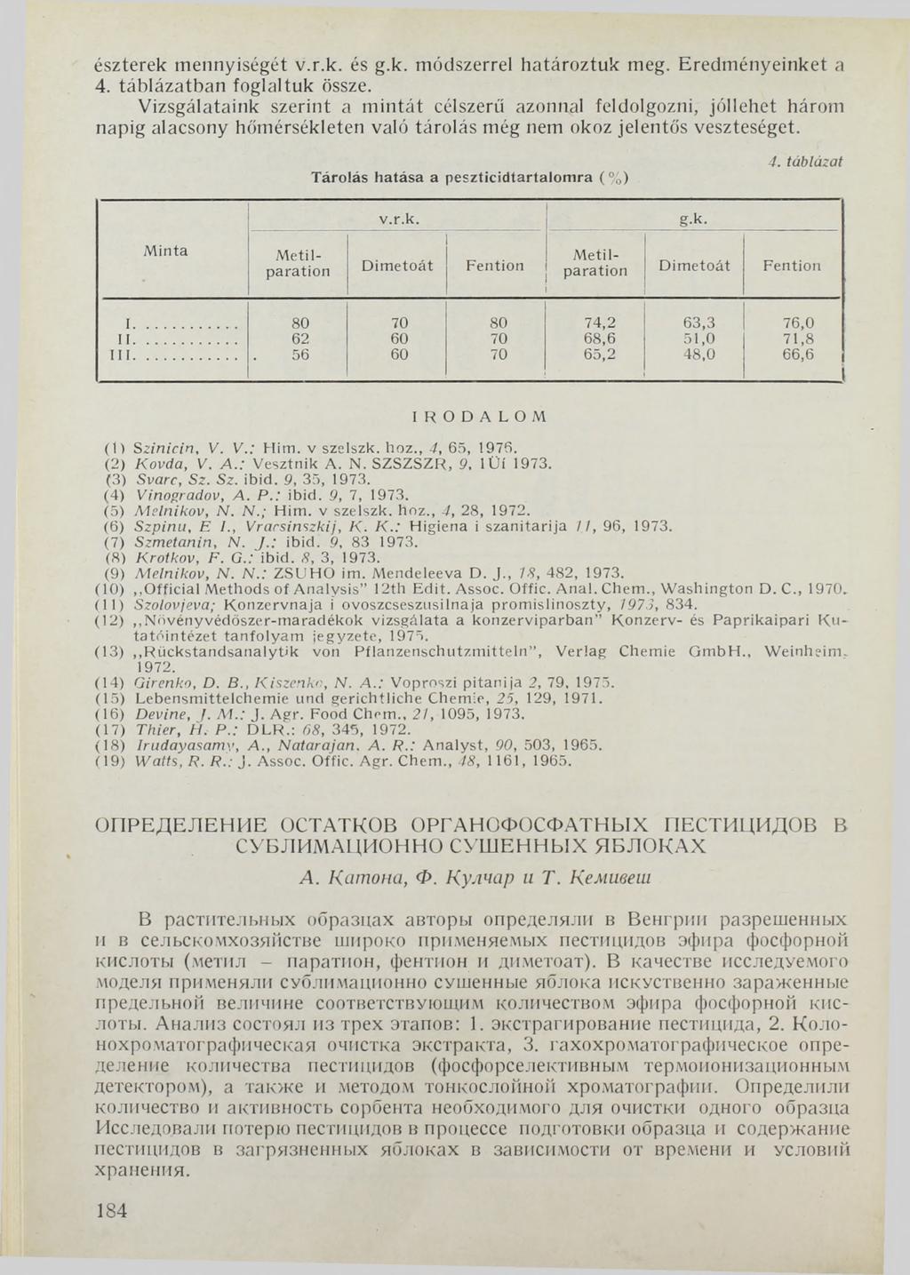 észterek mennyiségét v.r.k. és g.k. módszerrel határoztuk meg. Eredményeinket a 4. táblázatban foglaltuk össze.