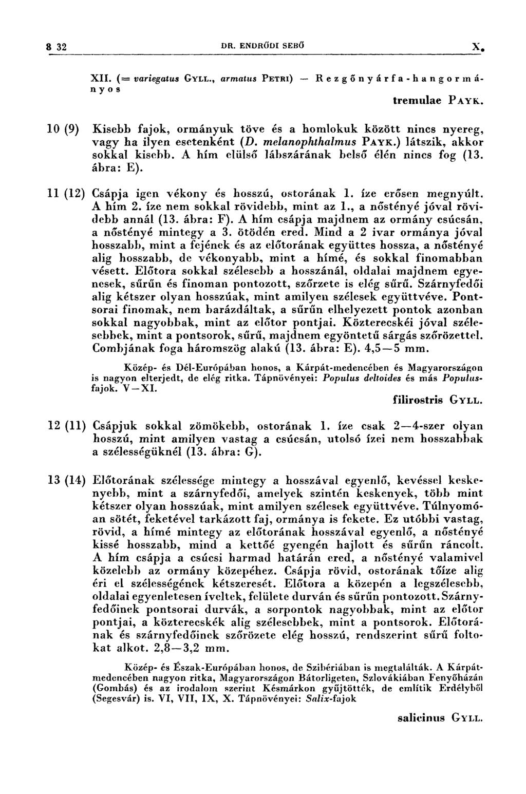 8 32 3 Da. ENDRŐDI se8ő X 10 (9) 11 (12) 12 (11) 18 (14) XII. (= variegatus GYLL., armatııs PETRI) -- R e z g ő n y á r f a - h a n g o r ın á- nyos tremulae PAYK.