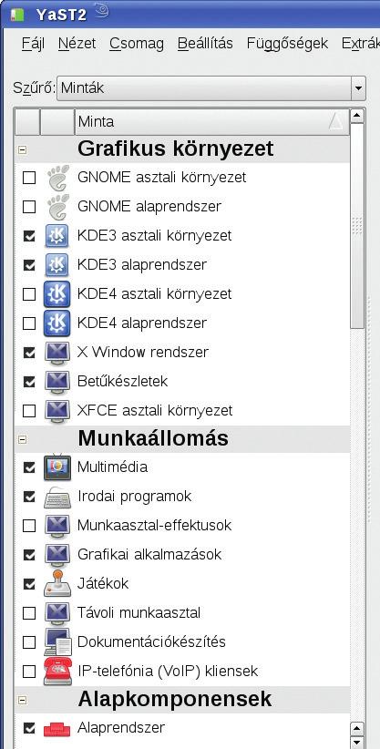 Mesterfogások Minták nézet a YaST csomagkezelőjében. Ez a nézet rendszertechnikai értelemben kategorizálja a programokat.