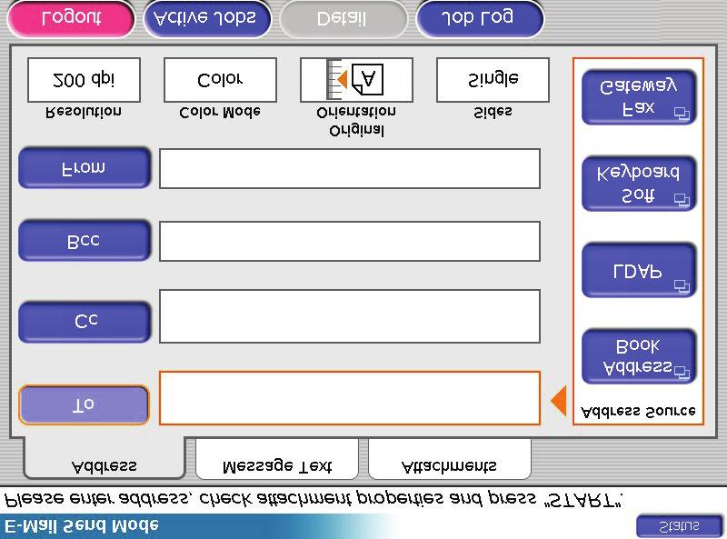 Lapolvasás e-mailbe 1. Nyomja meg a SCAN TO E-MAIL (Lapolvasás e-mailbe) gombot az E-mail küldési mód képernyő megjelenítéséhez (ekkor alapértelmezés szerint a Cím lap látható). 1 6 7 8 2 3 4 5 2.