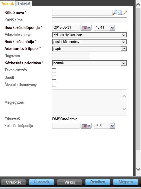 Új érkeztetés Az Adatok fülön számos mezőt találunk, melyek többsége kötelezően kitöltendő. Ezek a már megszokott - vastagon szedett, csillagos mezők; míg a többi kitöltése opcionális.