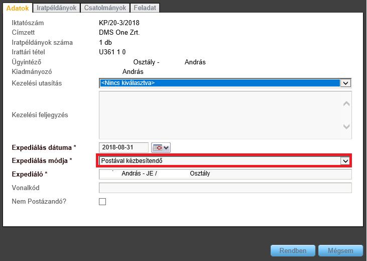 Itt megadhatjuk az Expediálás módját, aminek megfelelően fog postázási feladatra (a Kézbesítés alatt) a megfelelő menüpontba kerülni a