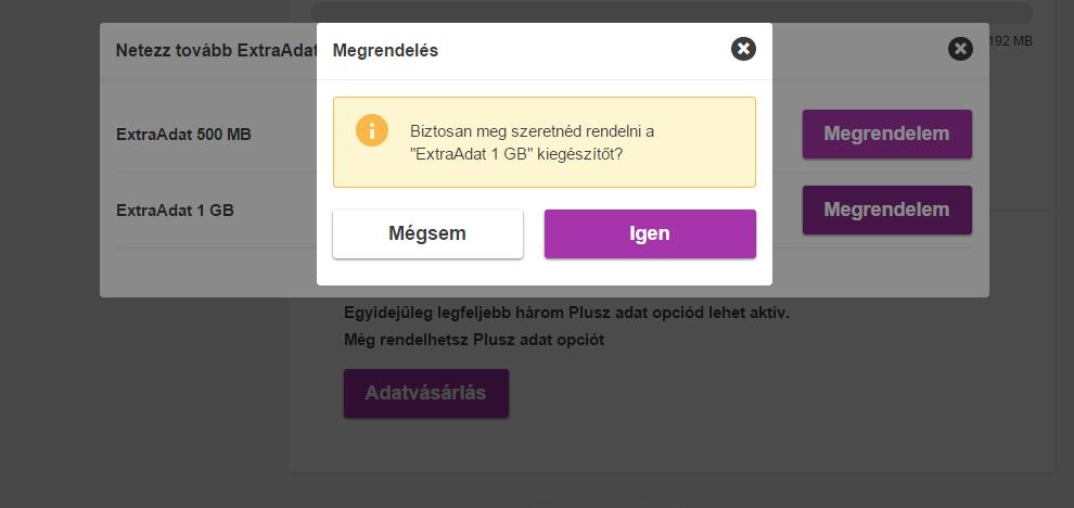 Asztali nézet mobilinternet esetén Extra Adat vásárlása 14 A vásárlás sikerességéről SMS-ben kap értesítést, valamint a Személyes adatforgalom menüpontban is ellenőrizhető, hogy az Extra Adat