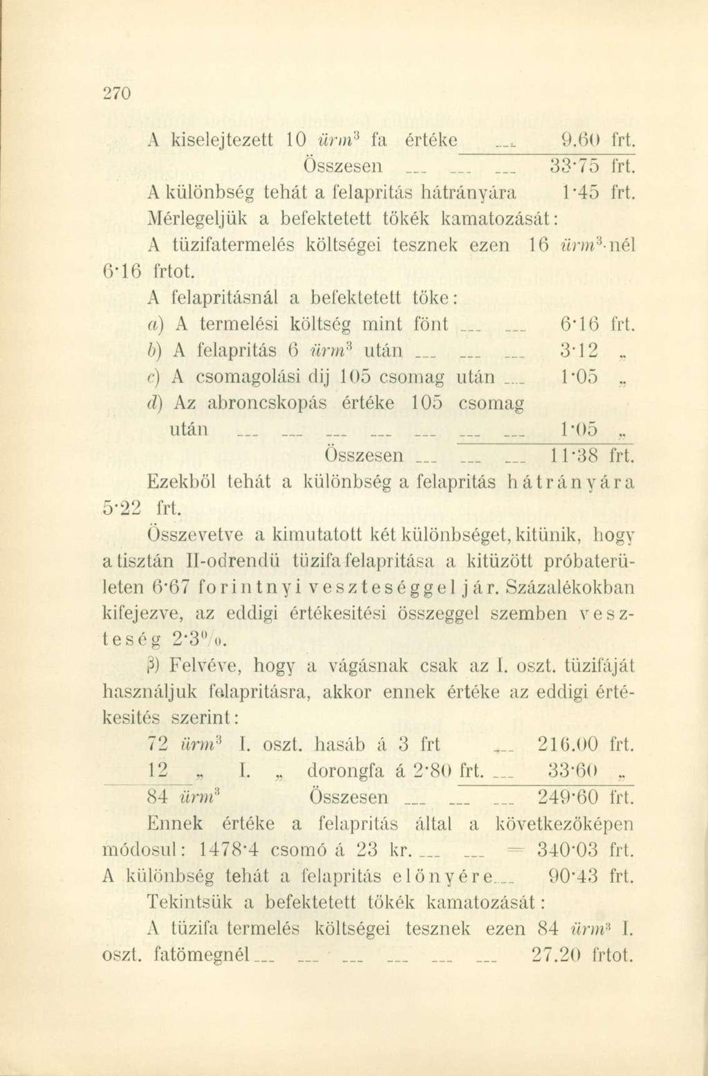 A kiselejtezett 10 ürm 9 fa értéke 9.60 frt. Összesen.. 33-75 frt. A különbség tehát a felapritás hátrányára F45 frt.